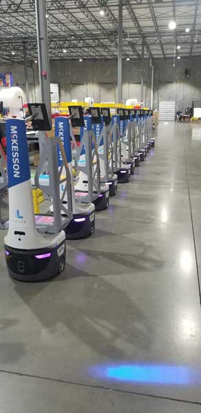 Locus Robots lined up inside a McKesson DC.