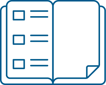 Icon of an open book with checklists on one page.