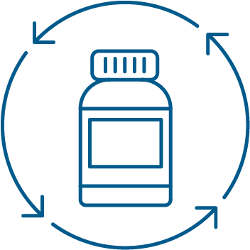 Icon of a pill bottle surrounded by circular arrows indicating recycling.
