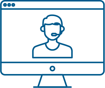 Icon of a person on a computer screen, representing a video call or online meeting.