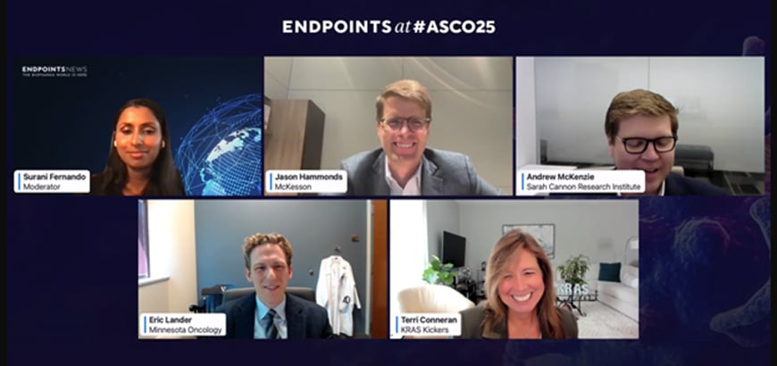 A virtual meeting with six participants labeled in video call windows under 