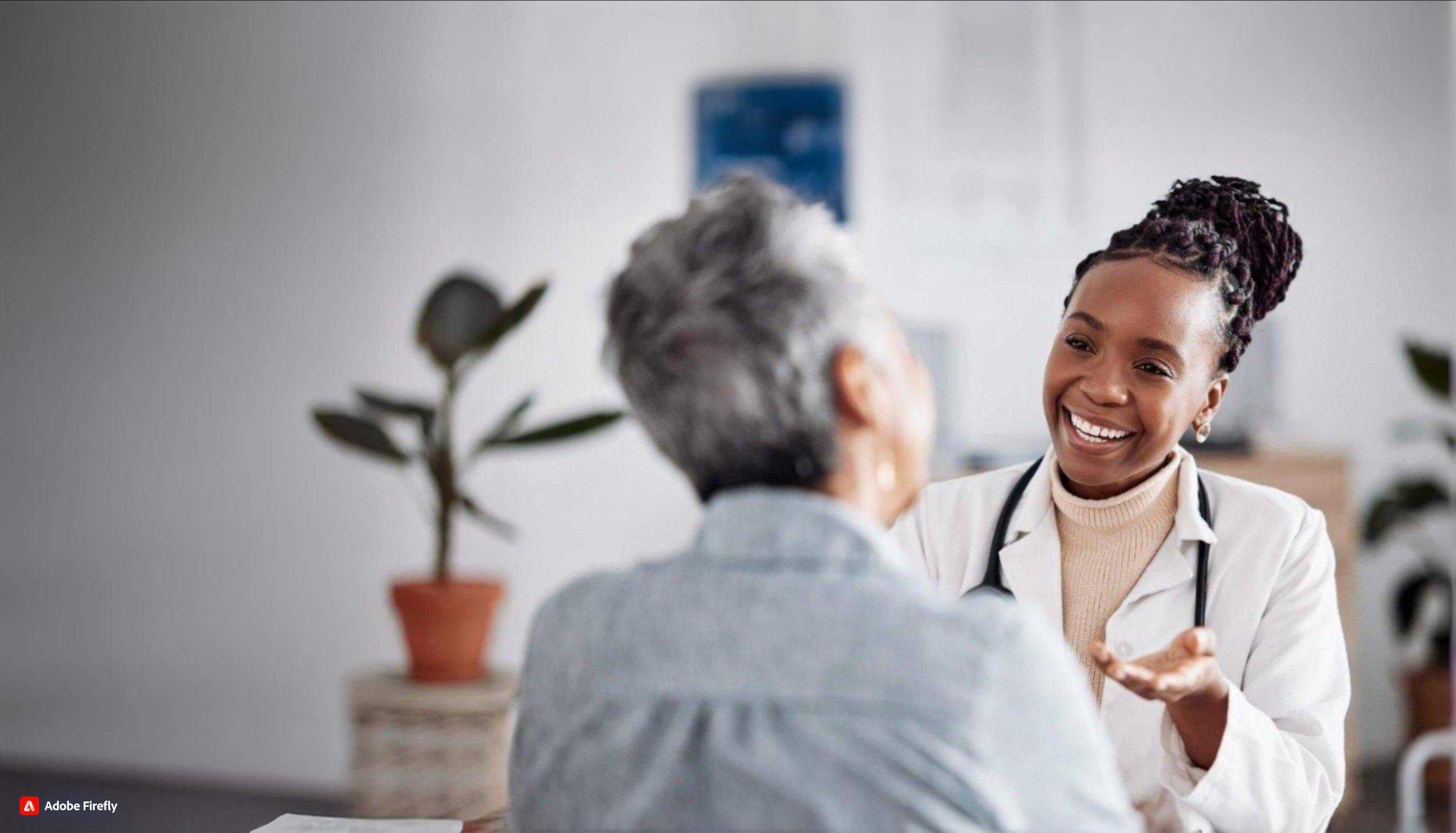 A doctor in a white coat speaks with an older patient in an office setting, with a potted plant in the background.