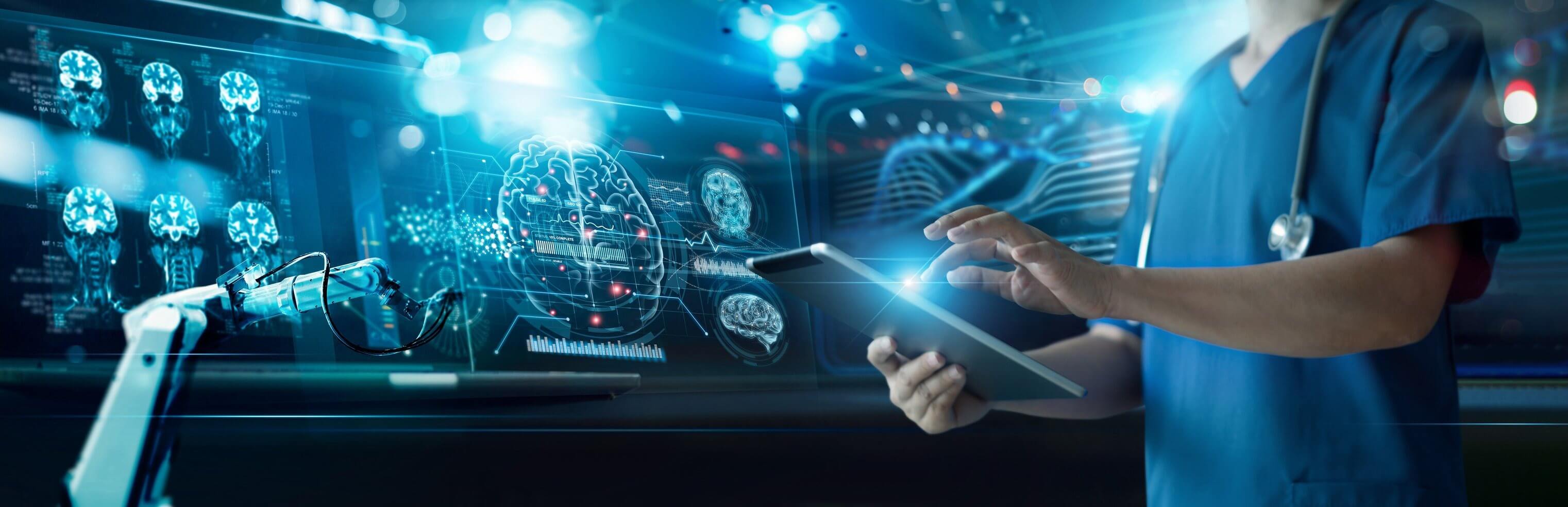 A medical professional in scrubs uses a tablet, with holographic images of brains and data charts in the background, suggesting advanced medical technology.