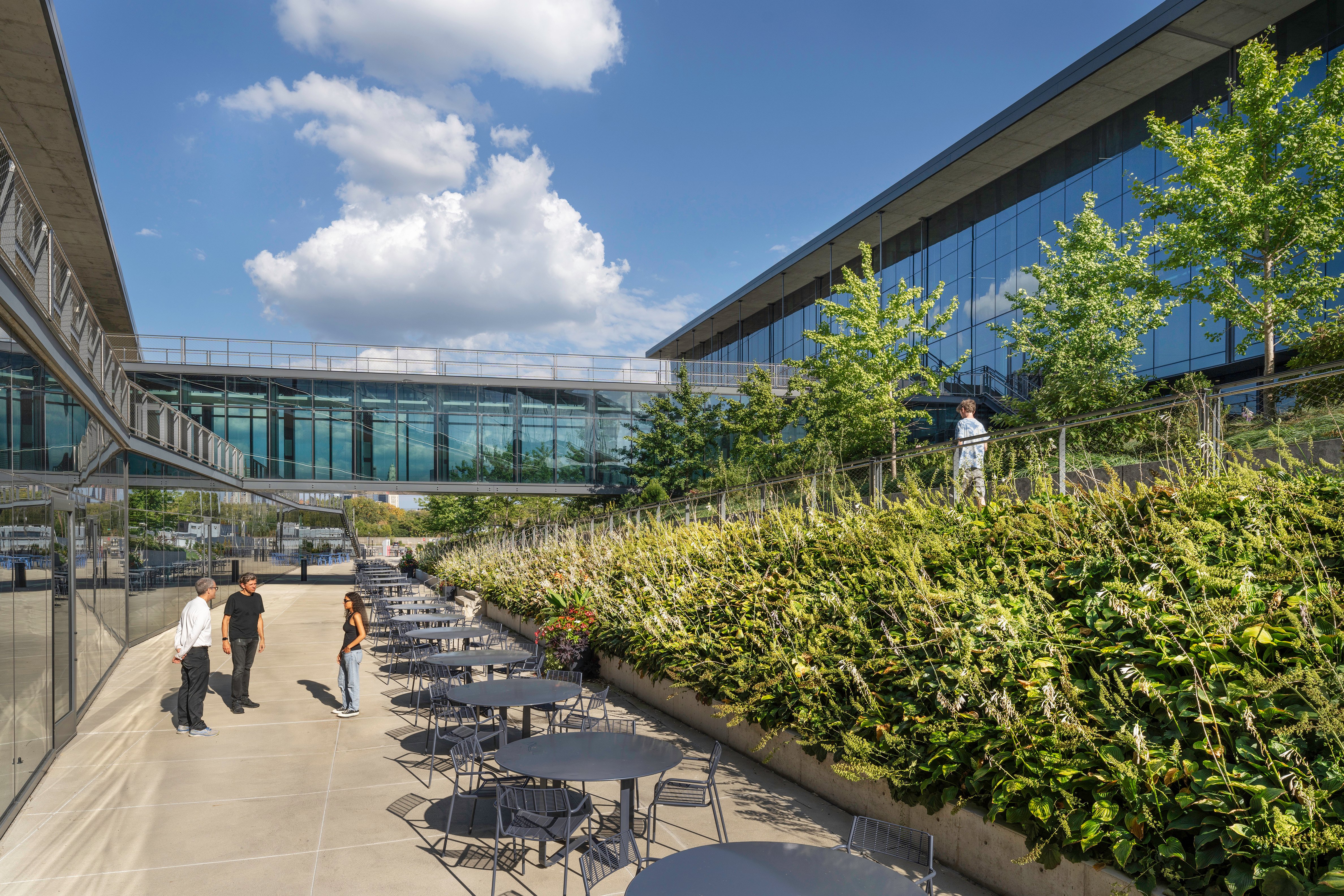 Modern office courtyard with people, outdoor seating, lush greenery, and a glass walkway under a bright blue sky with fluffy clouds.