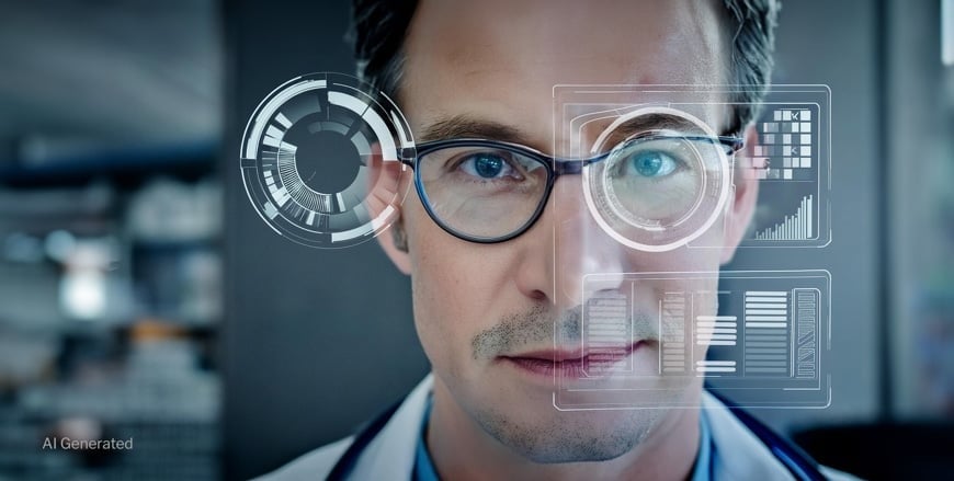 A blurred face with digital interface elements like circular graphics and bar charts around the head.