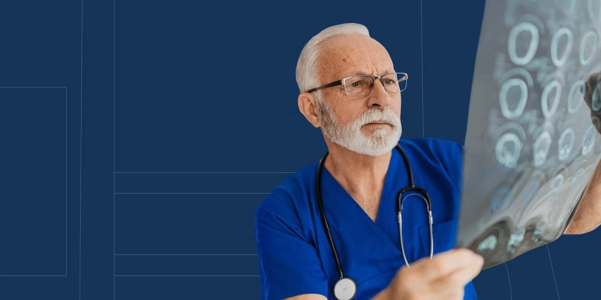 A doctor in blue scrubs and a stethoscope examines a brain scan against a dark blue background.