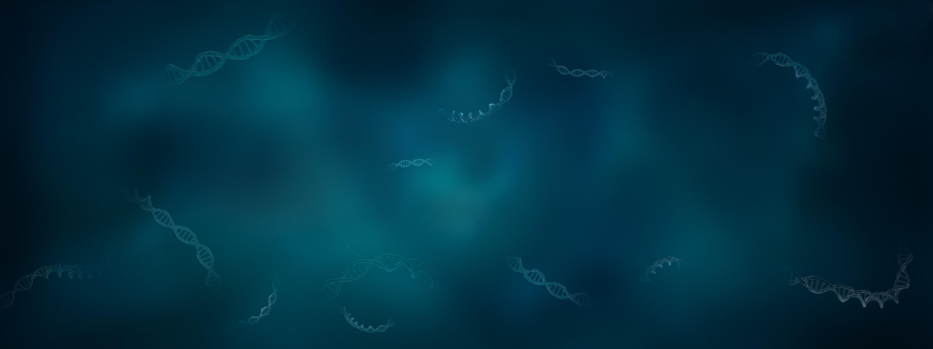 Dark blue background with faint DNA double helix structures scattered throughout.