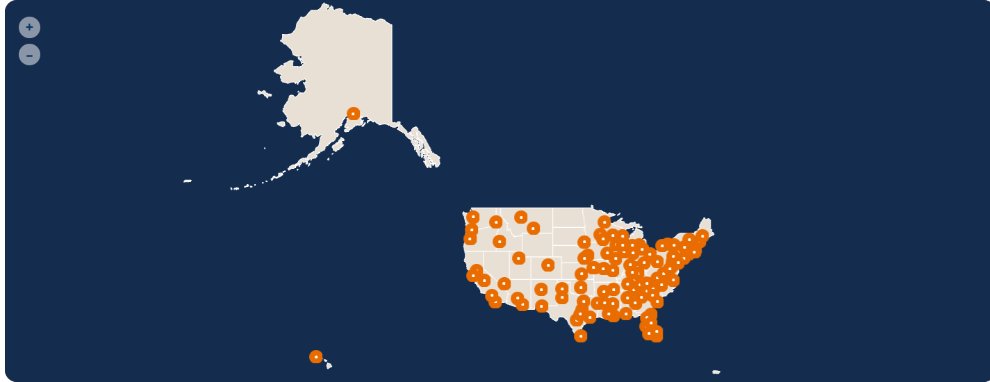 Map of the United States showing numerous orange dots concentrated in the eastern half, with a few in Alaska and Hawaii