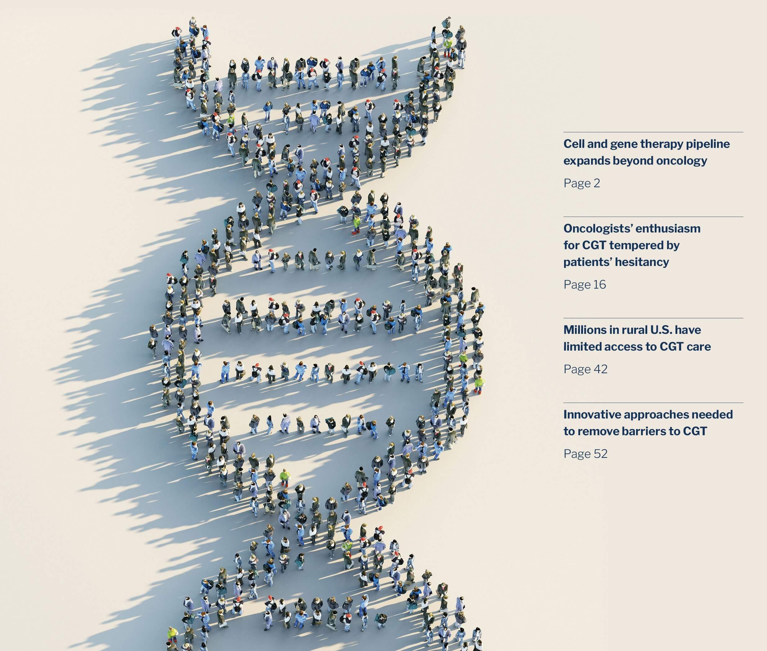 Cover of the 2024 Cell and Gene Therapy Report showing a large group of people forming the shape of a DNA double helix.