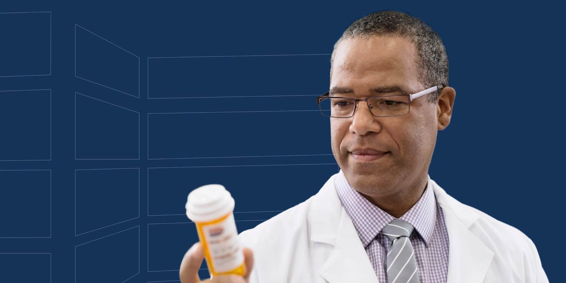 A doctor in a white coat holding a prescription pill bottle against a blue background.