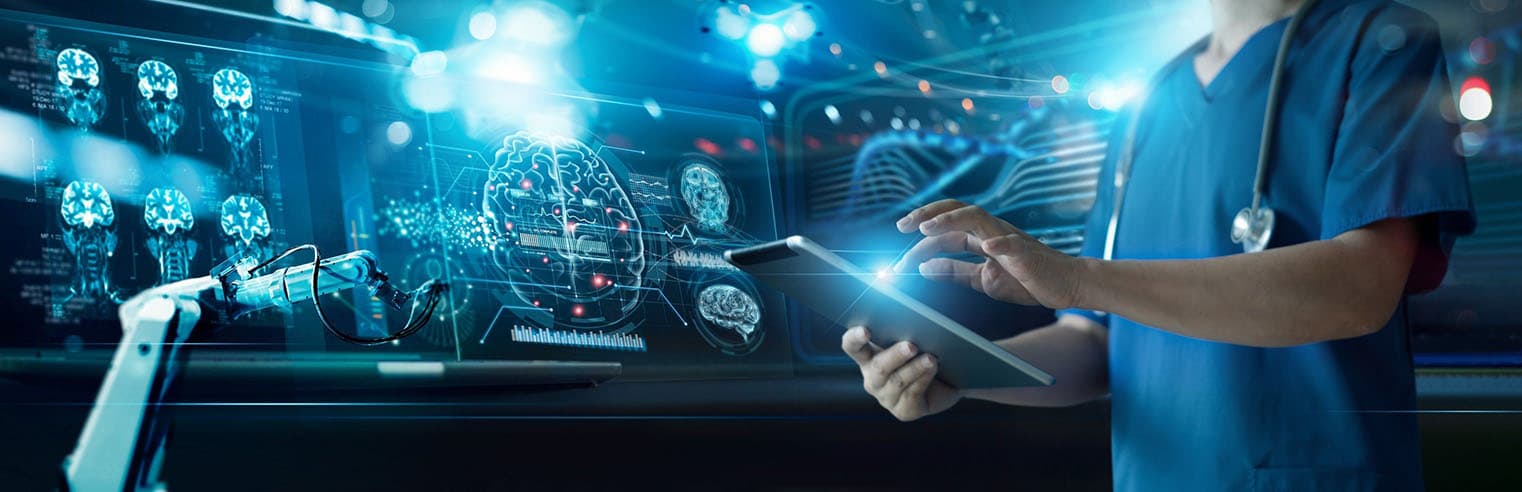 A medical professional interacts with a tablet, surrounded by futuristic medical technology and holograms.