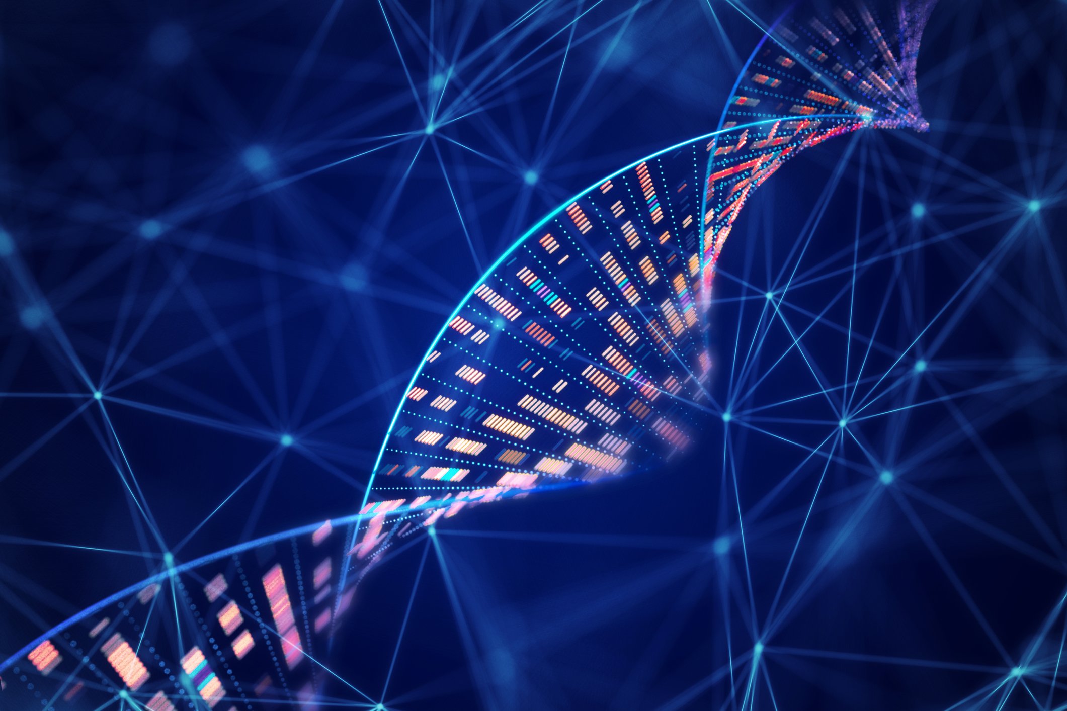 A digital representation of a DNA double helix with interconnected blue lines and nodes on a dark blue background.