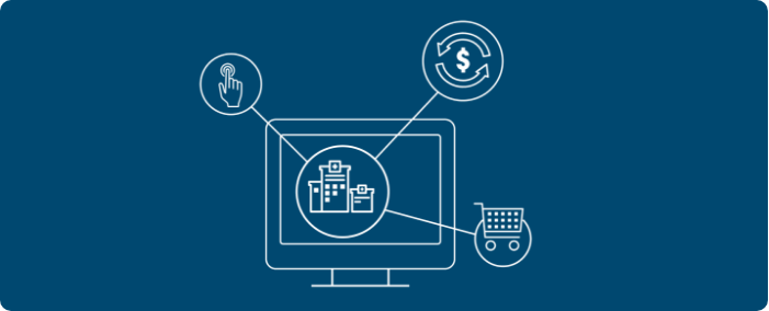 Diagram of a computer screen connected to icons representing healthcare, money, and shopping.