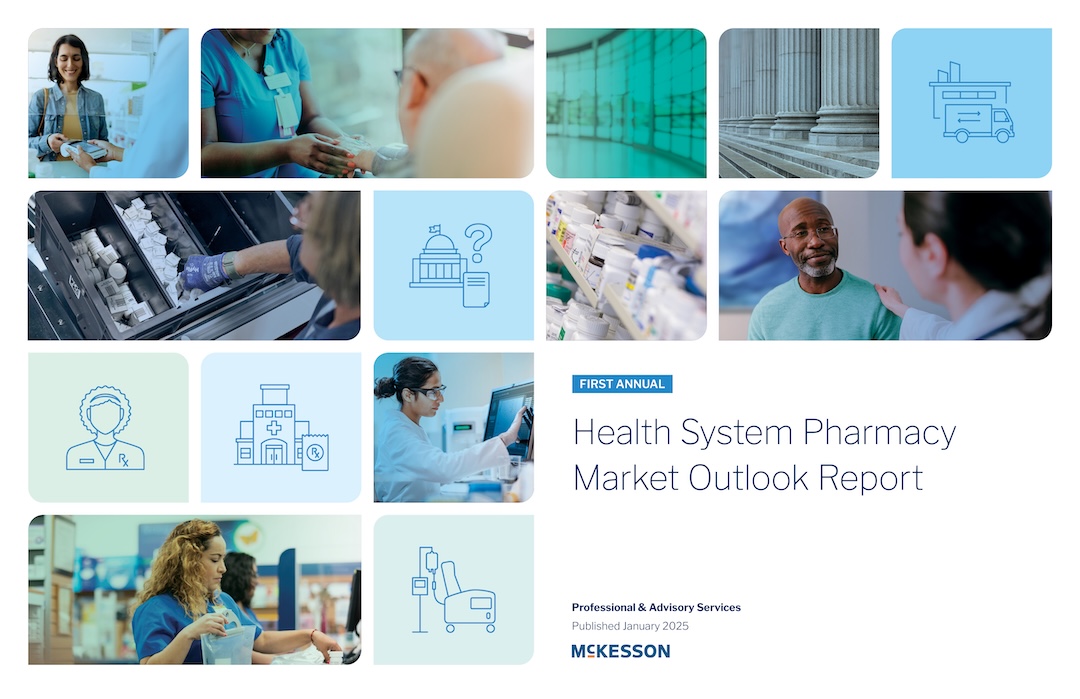 Collage of healthcare images with text "Health System Pharmacy Market Outlook Report".