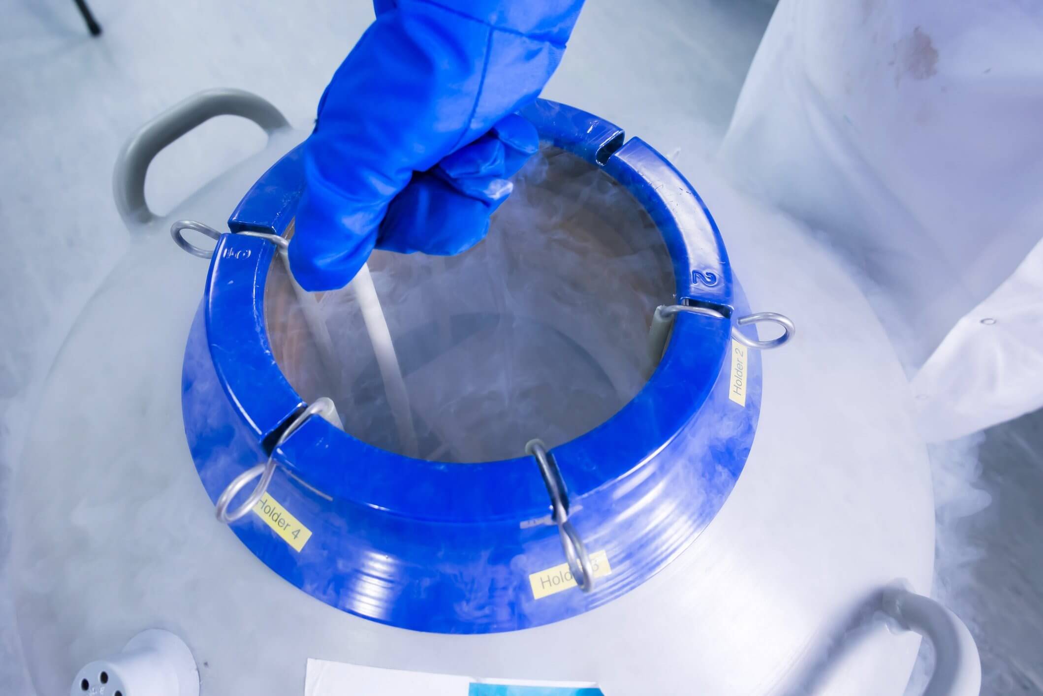 Gloved hand holding a tool inside a cryogenic container with a blue lid, surrounded by mist.
