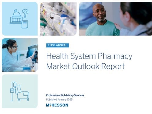 Health System Pharmacy Market Outlook Report cover with various healthcare images.