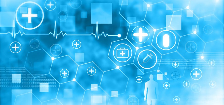 Abstract medical background with healthcare icons, molecular hexagons, and a human silhouette.