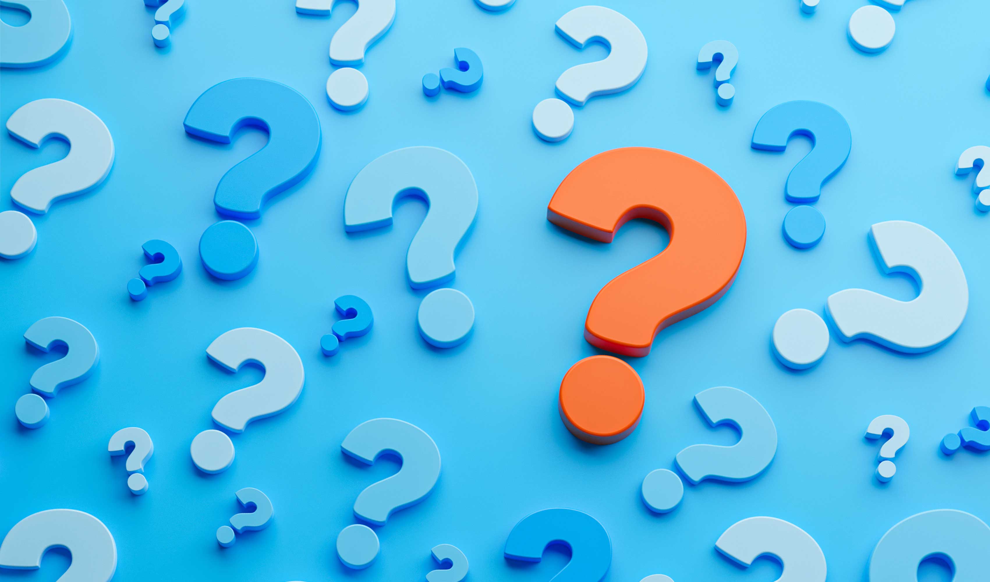 Multiple blue and white question marks on a light blue background with one prominent orange question mark in the center.