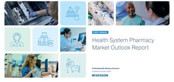 Cover of the Health System Pharmacy Market Outlook Report with healthcare images and medical icons.