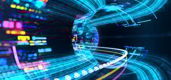 Digital globe with neon blue, pink, and yellow data streams on a dark background.