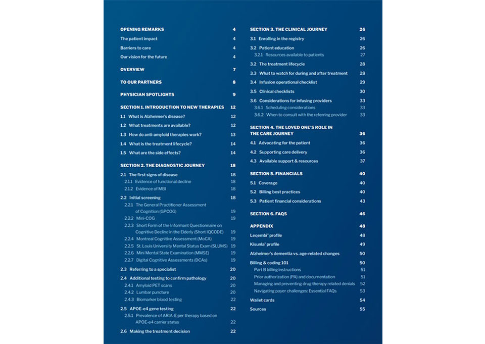 Table of contents from a medical document with sections on therapies, diagnostics, and clinical journey.