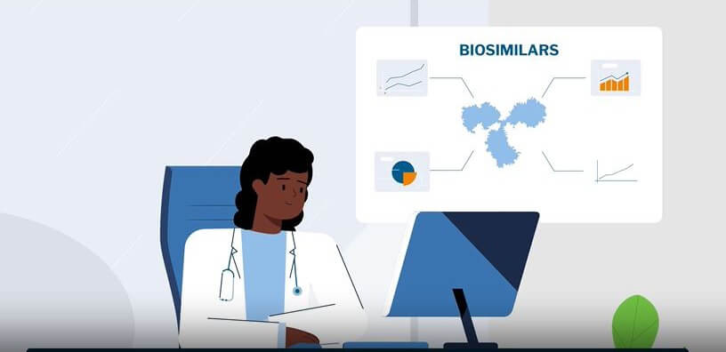 Illustration of a doctor at a desk with a computer, viewing a presentation on biosimilars with charts and diagrams.