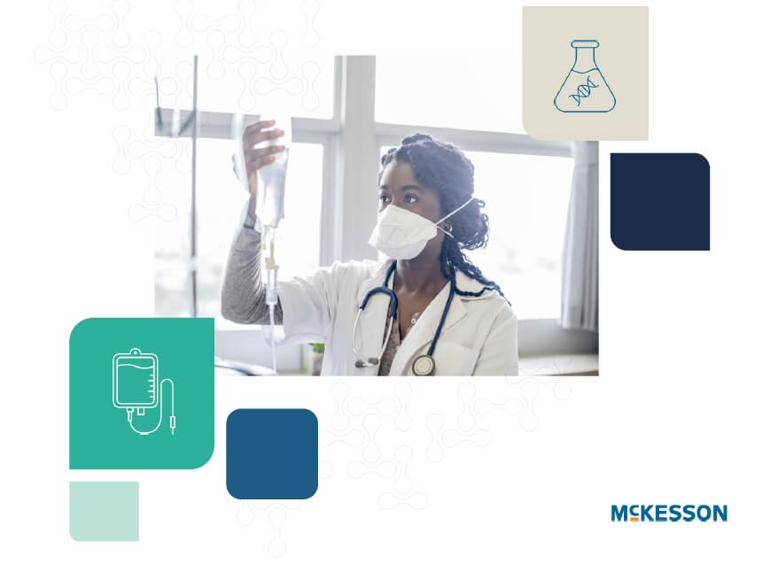 Medical professional adjusting an IV drip in a hospital setting, with medical icons and the McKesson logo in the background.