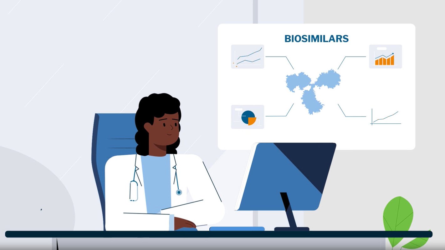 Illustration of a doctor in front of a screen displaying biosimilars information.