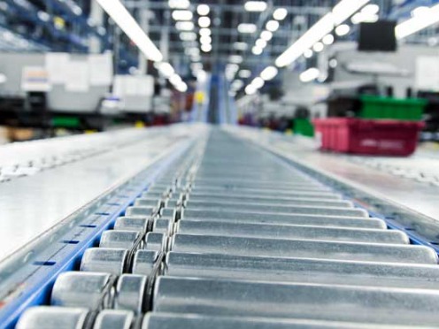 A closeup of a roller assembly line