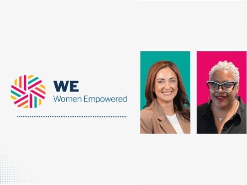 Logo with "WE Women Empowered" text and three individuals against teal, magenta, and yellow backgrounds.