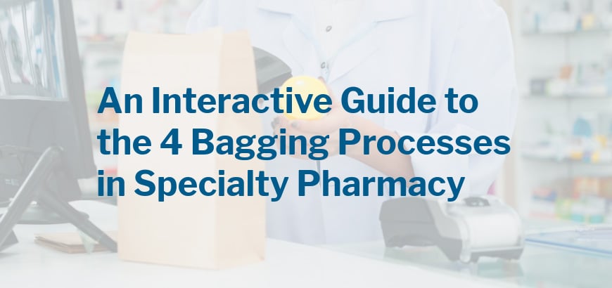 A person places a prescription into a paper bag under a title about 4 specialty pharmacy bagging processes.
