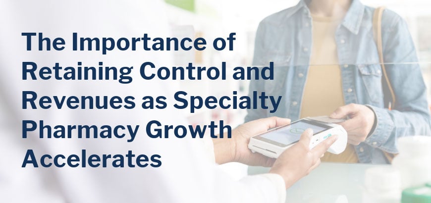 Person in white coat handing a device to another person, with text about specialty pharmacy growth.