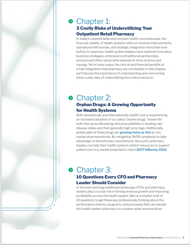 A document page listing chapters on outpatient retail pharmacy risks, orphan drugs, and CFO considerations.
