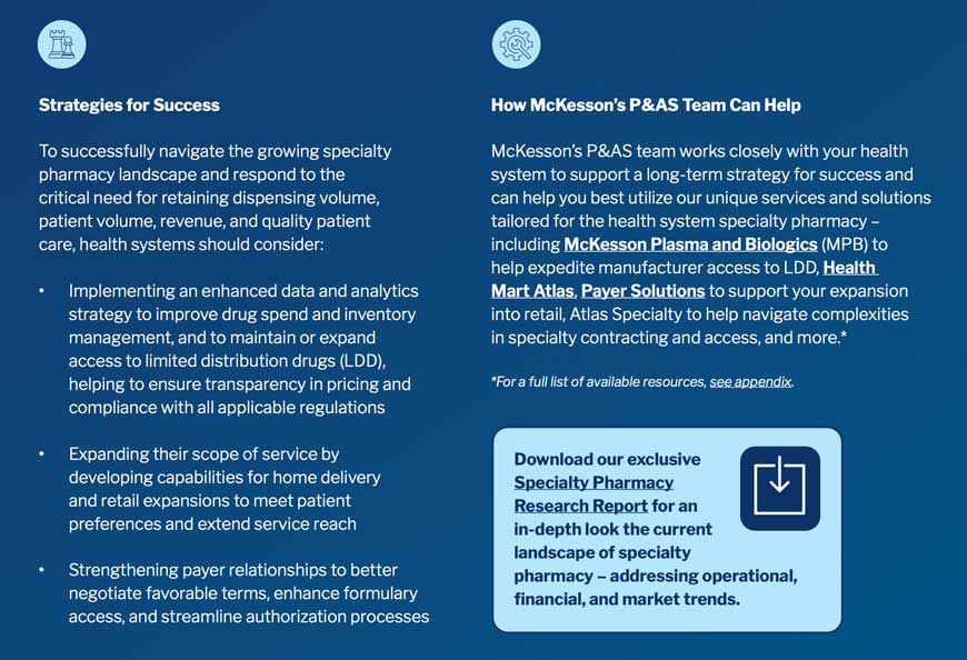 Text detailing strategies for success in specialty pharmacy and how McKesson's team can support health systems.