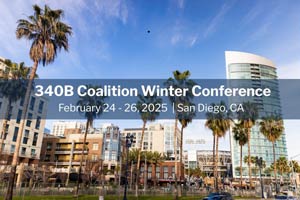 340B Coalition Winter Conference, Feb 24–26, 2025, with San Diego skyline and palm trees.