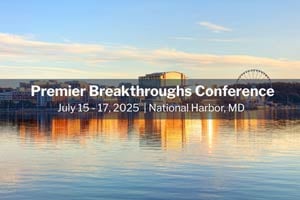 Premier Breakthroughs Conference, July 15–17, 2025, with National Harbor waterfront in the background.