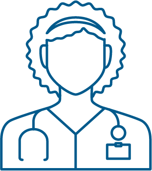 Icon of a healthcare professional with curly hair and a stethoscope.