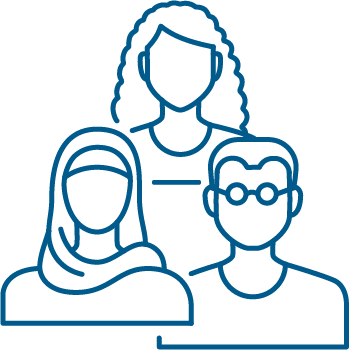 Icon of a diverse group of three people, including a woman with curly hair, a person in a hijab, and a man with glasses.