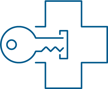 Icon of a key fitting into a medical cross symbol.