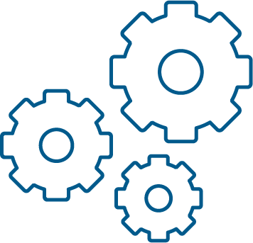 Icon of three interlocking gears representing settings or mechanical processes.