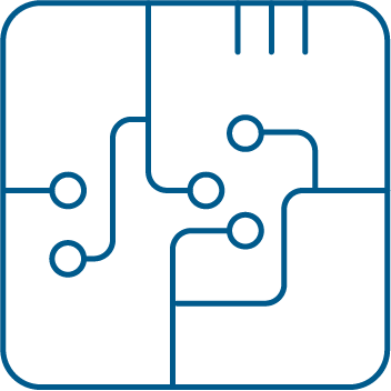 Icon of a circuit board with interconnected pathways and nodes.